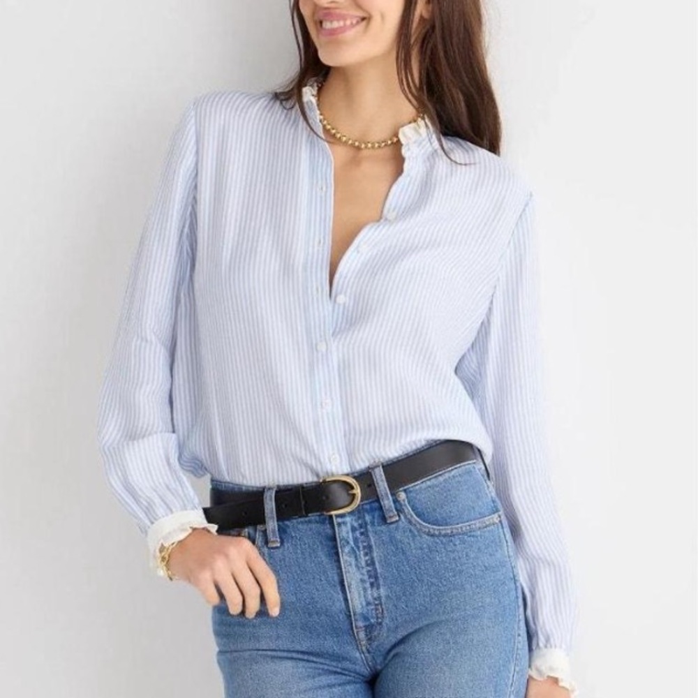 NWT J. Crew Blue White Striped Ruffle Trim Button-down Blouse